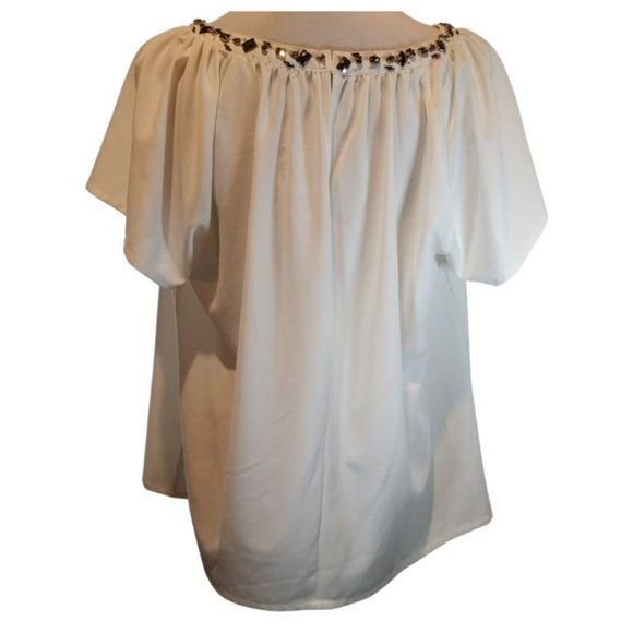 NEW- Modamix White Short Sleeved Blouse with Bead & Rhinestone Size XL - Picture 3 of 5